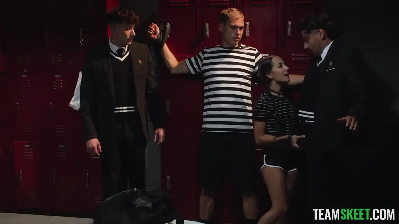 Athletic Beauty Gives Oral Pleasure in Locker Room Group Setting